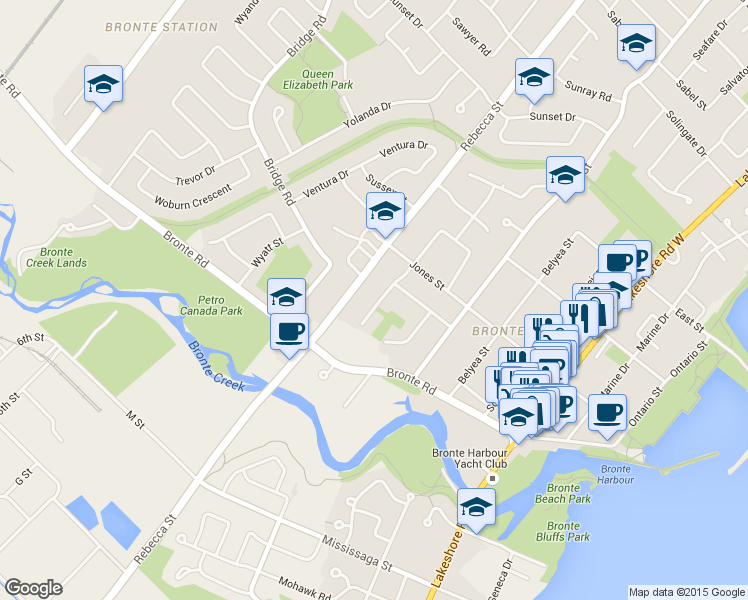 map of restaurants, bars, coffee shops, grocery stores, and more near 2443 Applewood Drive in Oakville