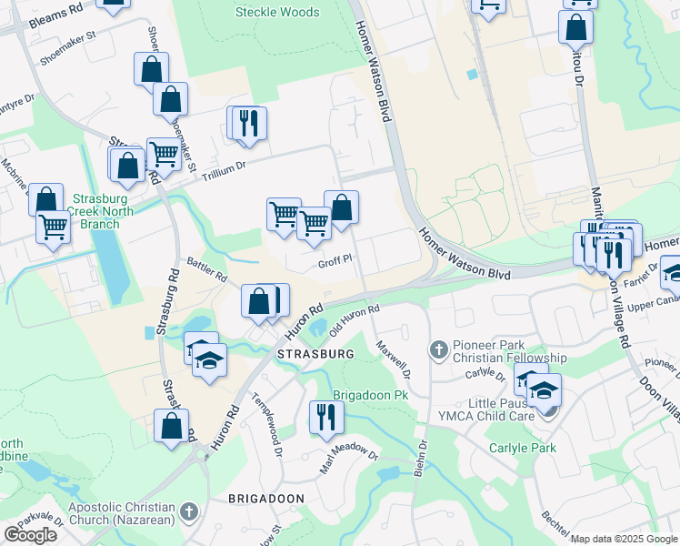 map of restaurants, bars, coffee shops, grocery stores, and more near 25 Groff Place in Kitchener