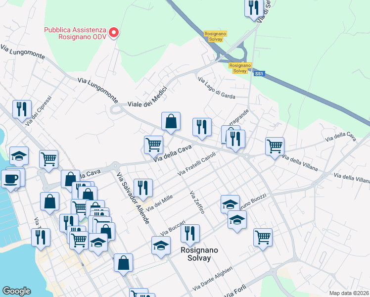 map of restaurants, bars, coffee shops, grocery stores, and more near 8 Via Milazzo in Rosignano Solvay-Castiglioncello