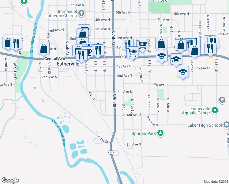 map of restaurants, bars, coffee shops, grocery stores, and more near 401 South 9th Street in Estherville
