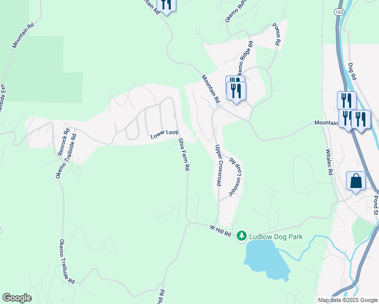 map of restaurants, bars, coffee shops, grocery stores, and more near 158 Ghia Farm Road in Windsor County
