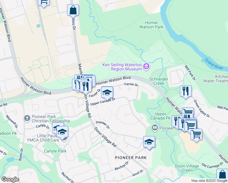 map of restaurants, bars, coffee shops, grocery stores, and more near 68 Upper Canada Drive in Kitchener