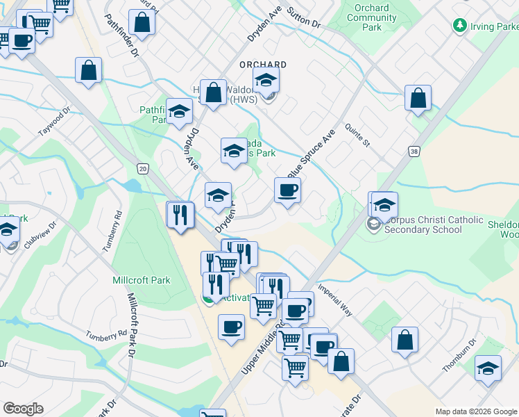 map of restaurants, bars, coffee shops, grocery stores, and more near 5141 Blue Spruce Avenue in Burlington