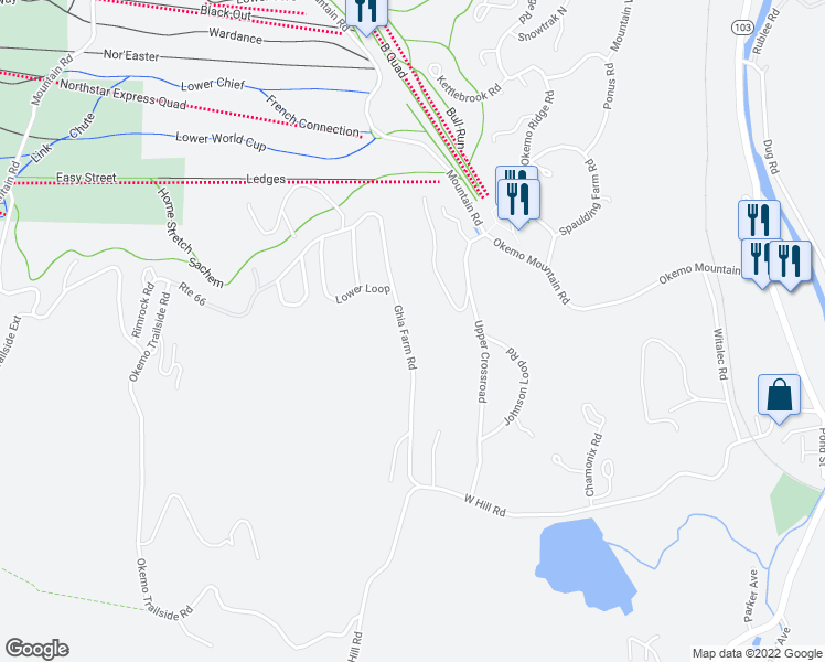 map of restaurants, bars, coffee shops, grocery stores, and more near 158 Ghia Farm Rd in Ludlow