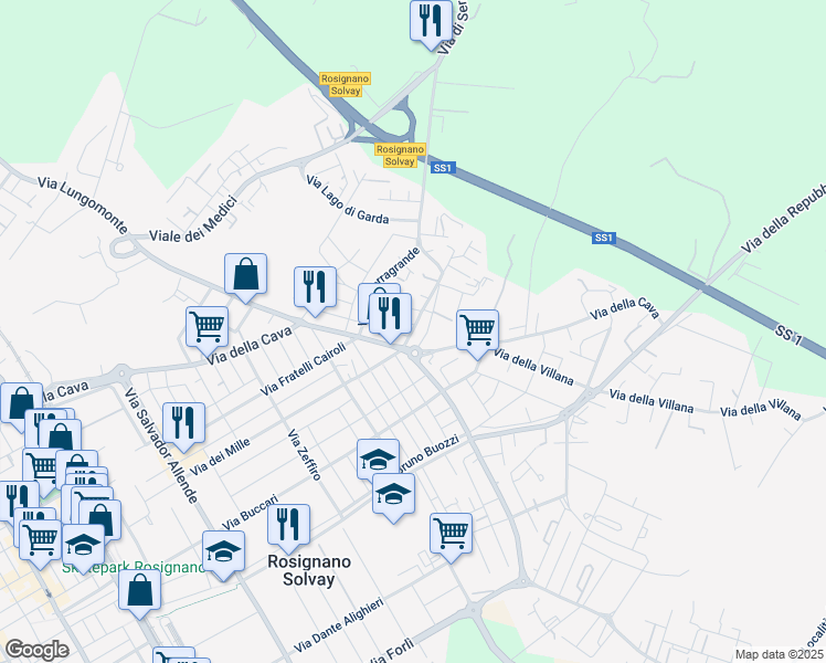 map of restaurants, bars, coffee shops, grocery stores, and more near Via Cava in Rosignano Solvay-Castiglioncello