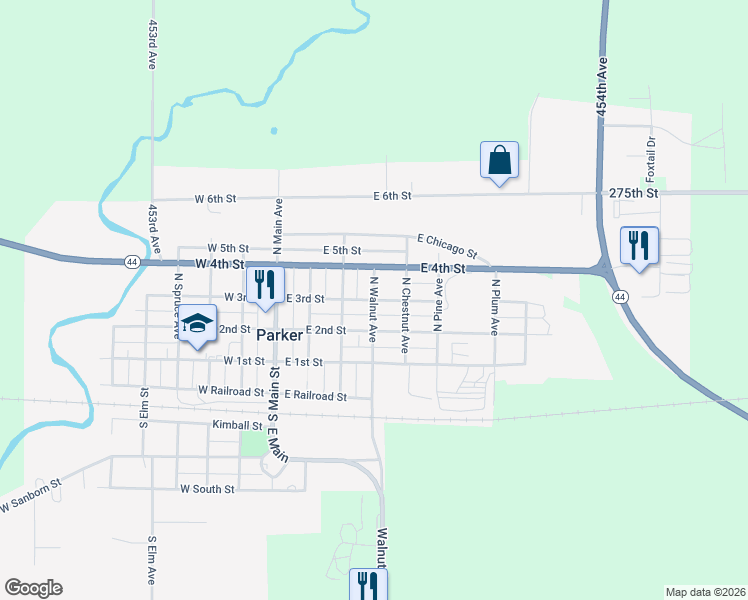 map of restaurants, bars, coffee shops, grocery stores, and more near 299 N Walnut Ave in Parker