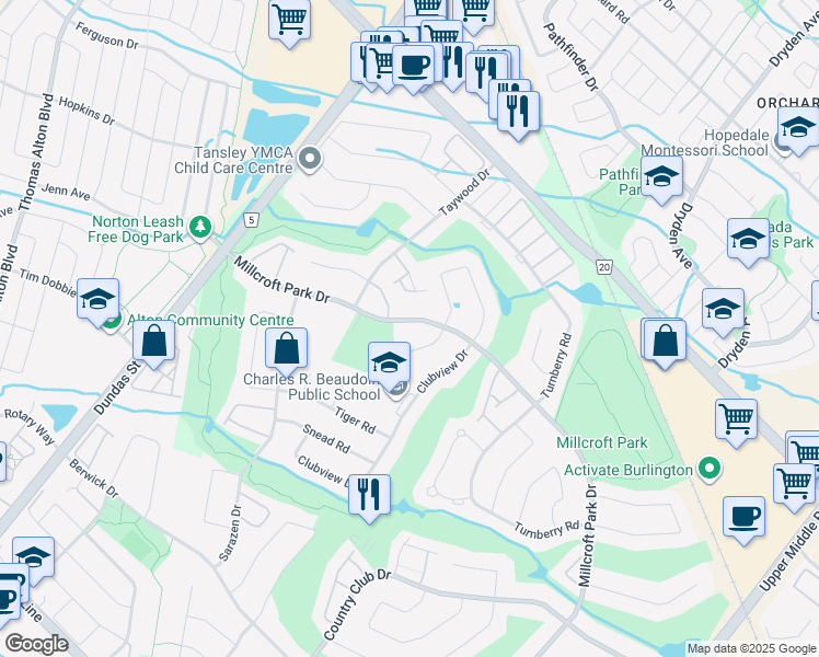 map of restaurants, bars, coffee shops, grocery stores, and more near 4343 Millcroft Park Drive in Burlington
