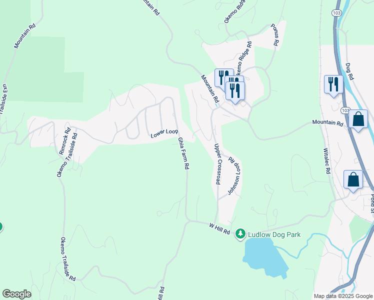 map of restaurants, bars, coffee shops, grocery stores, and more near 158 Ghia Farm Road in Ludlow