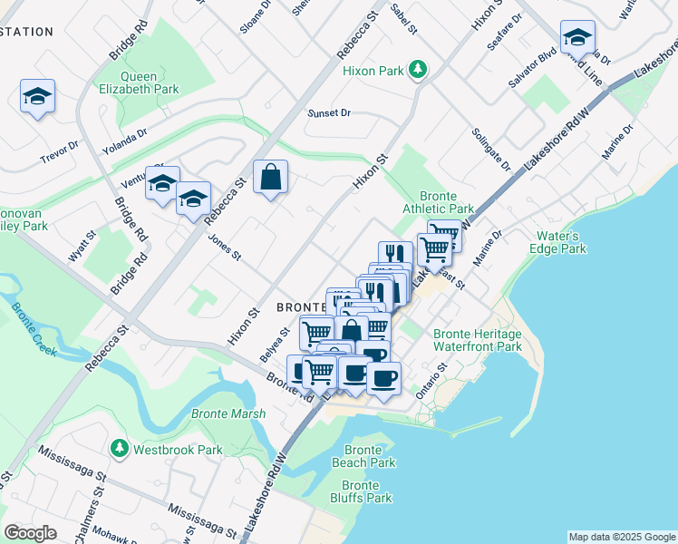 map of restaurants, bars, coffee shops, grocery stores, and more near 168 Nelson Street in Oakville