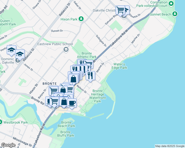 map of restaurants, bars, coffee shops, grocery stores, and more near 2263 Marine Drive in Oakville