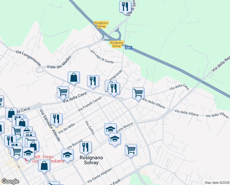 map of restaurants, bars, coffee shops, grocery stores, and more near Via Cava in Rosignano Solvay-Castiglioncello