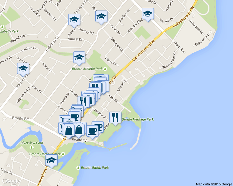 map of restaurants, bars, coffee shops, grocery stores, and more near 2254 Marine Dr in Oakville