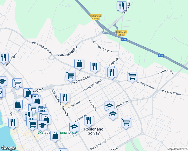 map of restaurants, bars, coffee shops, grocery stores, and more near Via della Cava in Rosignano Solvay