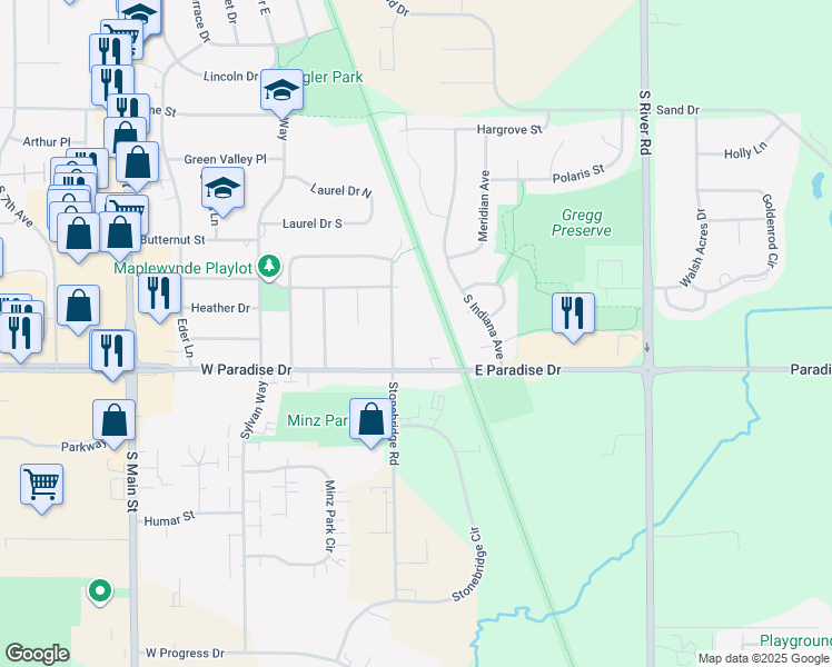 map of restaurants, bars, coffee shops, grocery stores, and more near 114 East Paradise Drive in West Bend