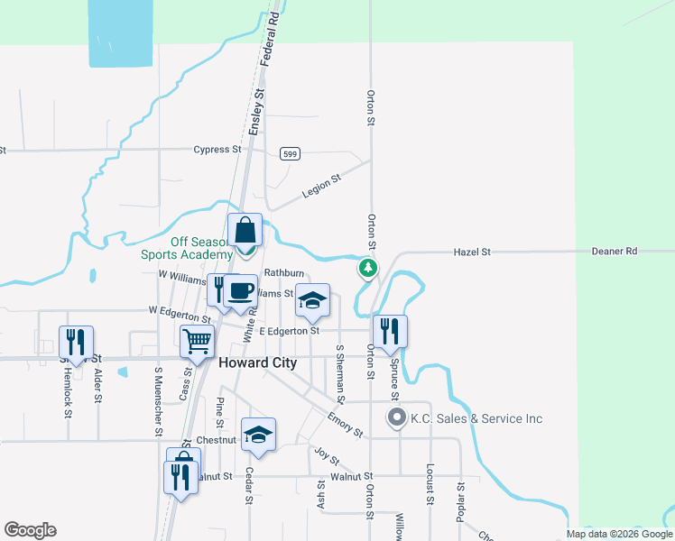 map of restaurants, bars, coffee shops, grocery stores, and more near 415 Williams Street in Howard City