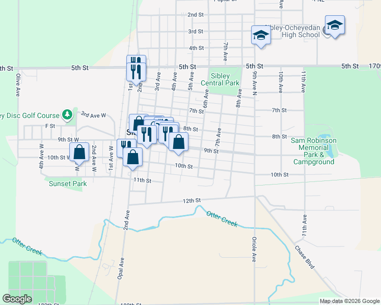 map of restaurants, bars, coffee shops, grocery stores, and more near 849-891 6th Avenue in Sibley