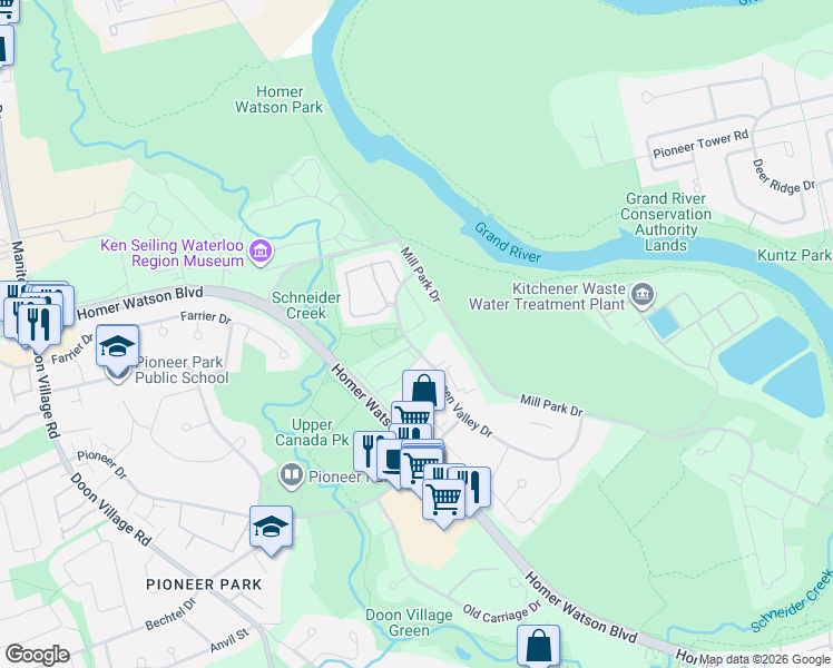 map of restaurants, bars, coffee shops, grocery stores, and more near 15 Green Valley Drive in Kitchener