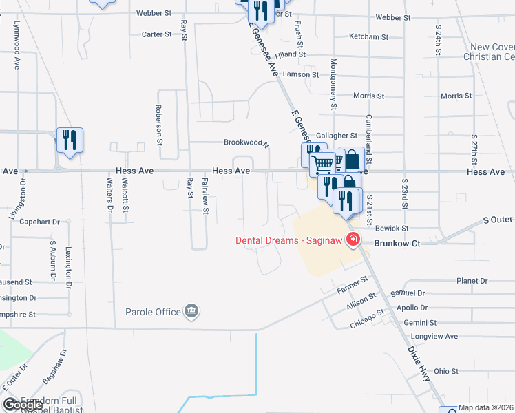 map of restaurants, bars, coffee shops, grocery stores, and more near 3650 Hess Avenue in Saginaw