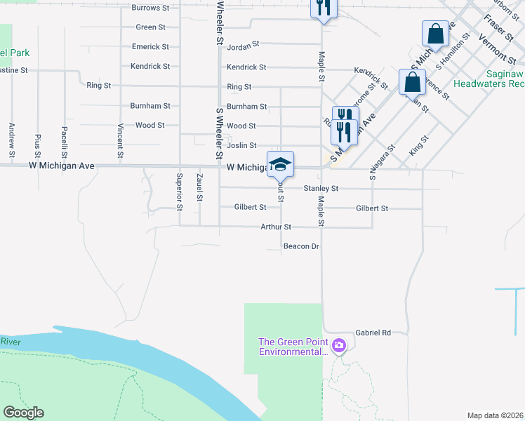 map of restaurants, bars, coffee shops, grocery stores, and more near 1847 Stanley Street in Saginaw