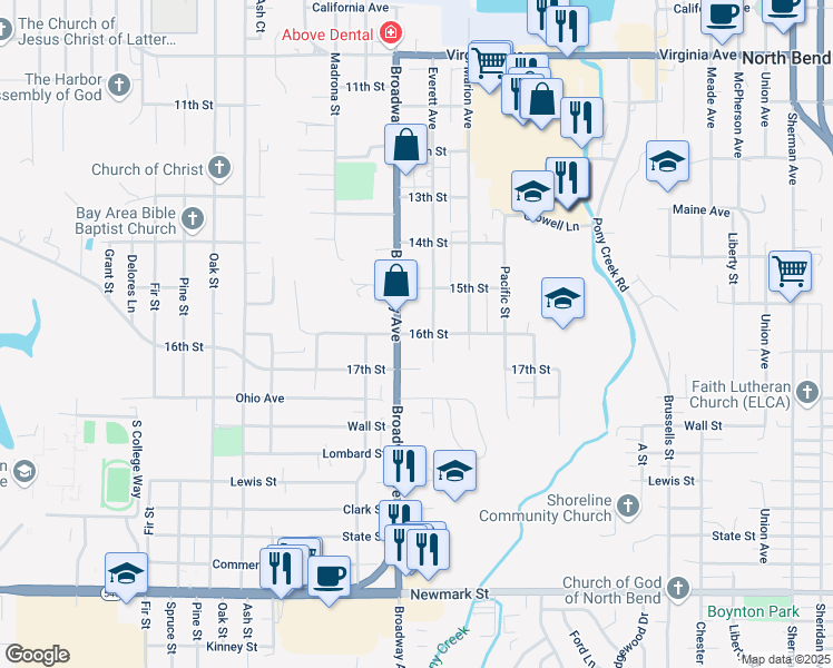 map of restaurants, bars, coffee shops, grocery stores, and more near 1946 16th Avenue in North Bend