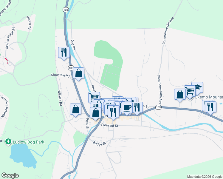map of restaurants, bars, coffee shops, grocery stores, and more near 43 High Street in Ludlow