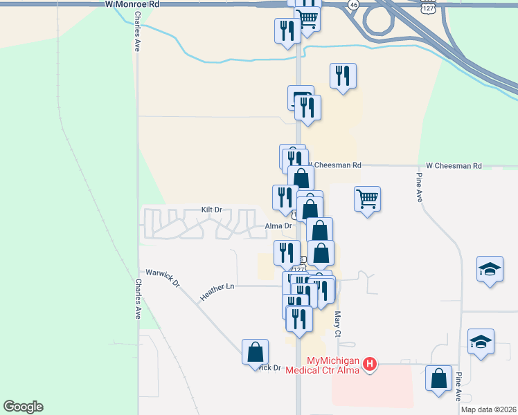 map of restaurants, bars, coffee shops, grocery stores, and more near 7352 Bagpipe Drive in Alma