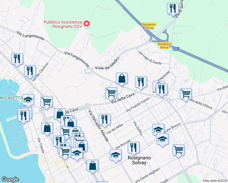 map of restaurants, bars, coffee shops, grocery stores, and more near 12B Via Oreste Lizzadri in Rosignano Solvay-Castiglioncello