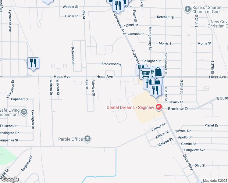 map of restaurants, bars, coffee shops, grocery stores, and more near 3622 Hess Avenue in Saginaw