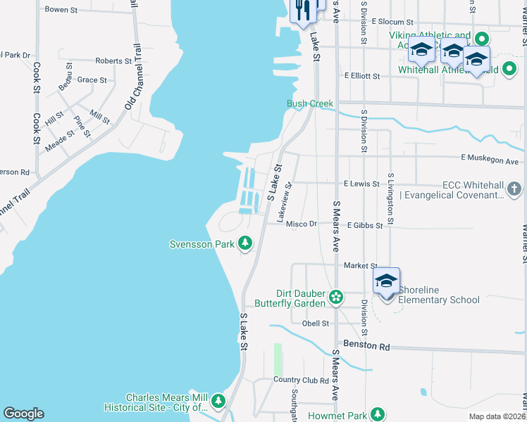 map of restaurants, bars, coffee shops, grocery stores, and more near 930 Lake Street in Whitehall