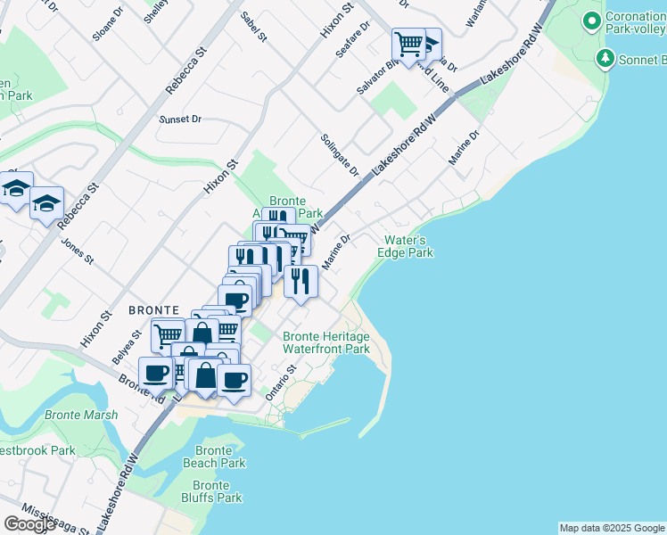 map of restaurants, bars, coffee shops, grocery stores, and more near 2220 Marine Drive in Oakville