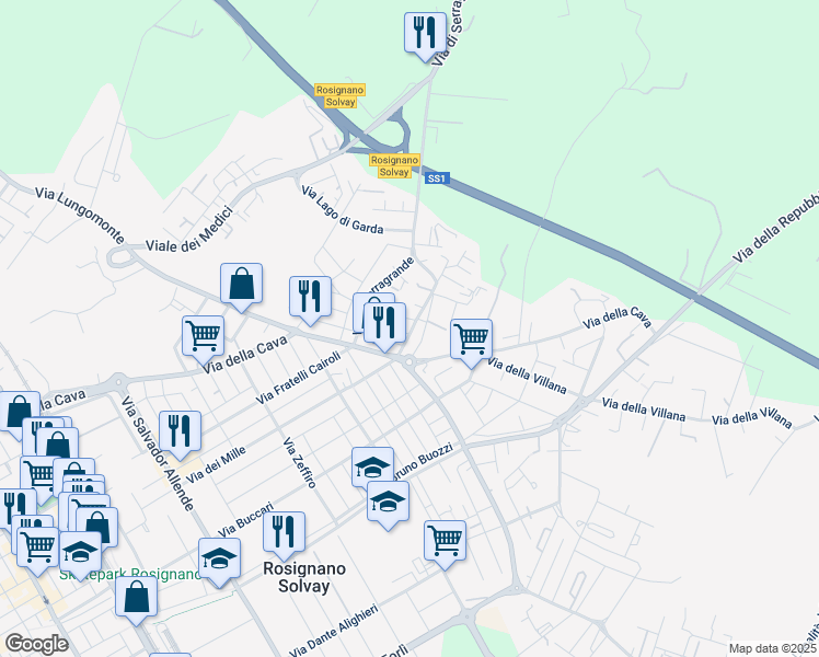 map of restaurants, bars, coffee shops, grocery stores, and more near 27 Via del Cotone in Rosignano Solvay-Castiglioncello