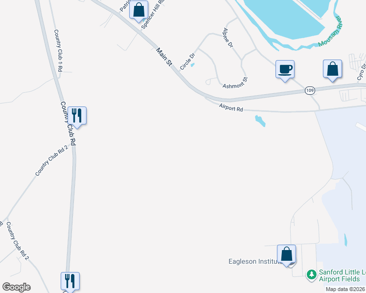 map of restaurants, bars, coffee shops, grocery stores, and more near 1625 Main Street in Sanford