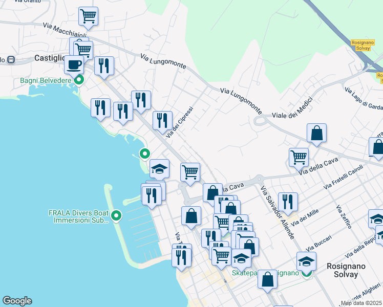 map of restaurants, bars, coffee shops, grocery stores, and more near 27/A Via T. Tasso in Rosignano Solvay-Castiglioncello