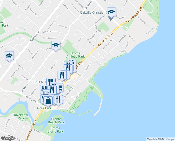 map of restaurants, bars, coffee shops, grocery stores, and more near in Oakville