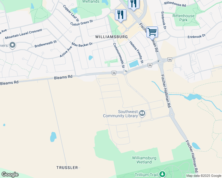map of restaurants, bars, coffee shops, grocery stores, and more near 1531 Bleams Road in Kitchener