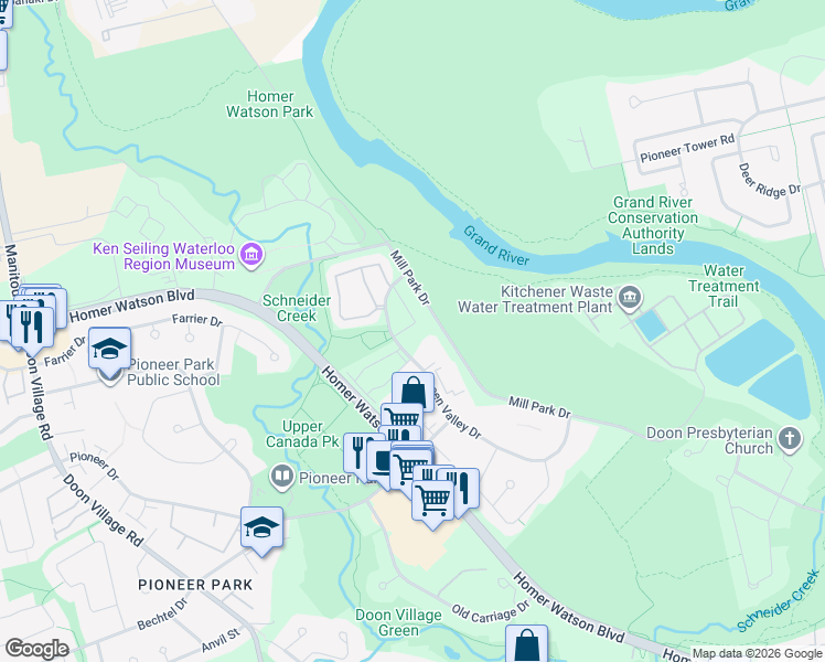 map of restaurants, bars, coffee shops, grocery stores, and more near 15 Green Valley Drive in Kitchener