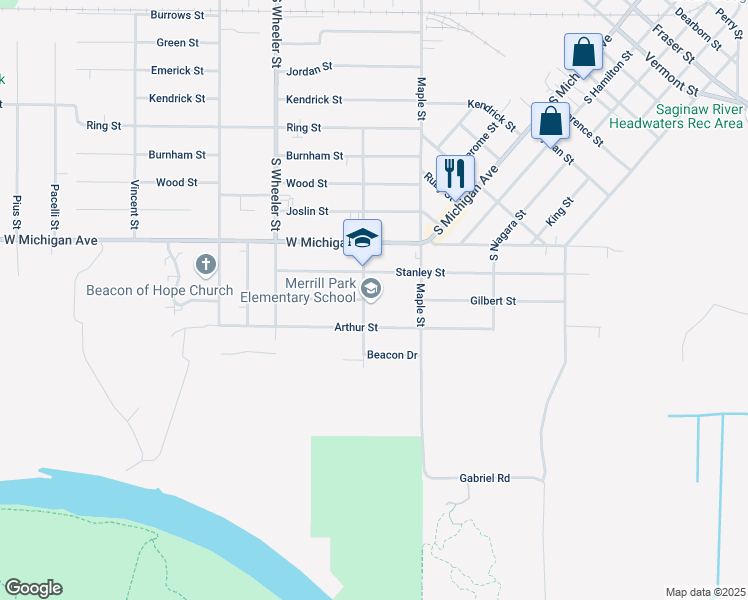 map of restaurants, bars, coffee shops, grocery stores, and more near 1800 Grout Street in Saginaw