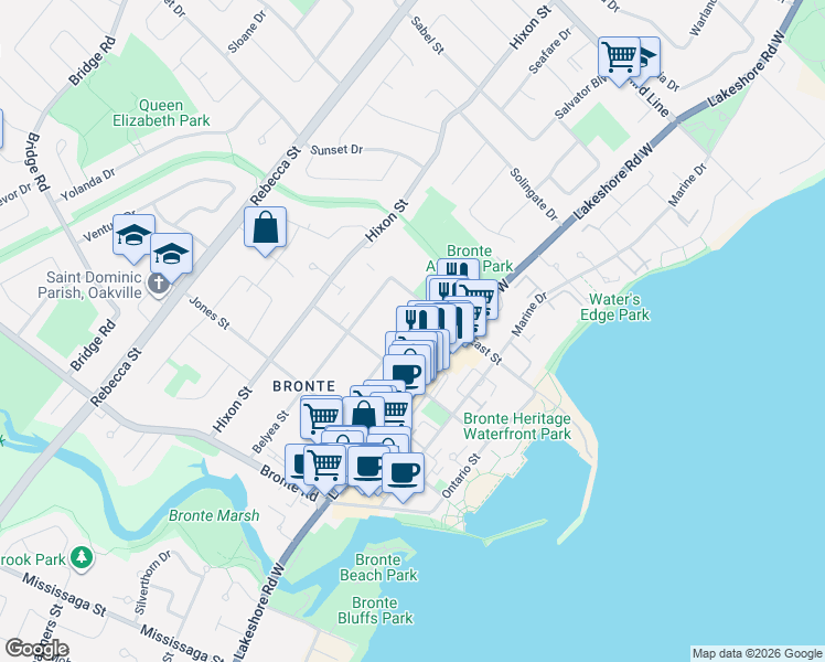 map of restaurants, bars, coffee shops, grocery stores, and more near in Oakville
