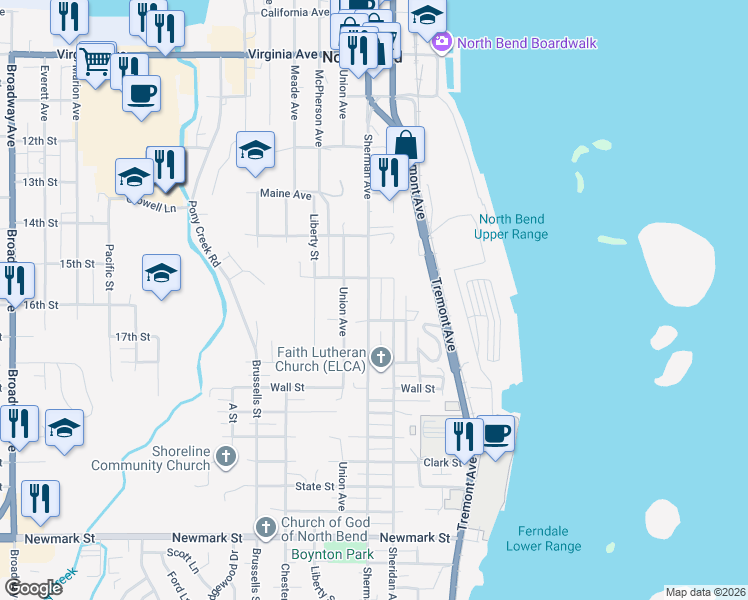 map of restaurants, bars, coffee shops, grocery stores, and more near 2555 Sherman Avenue in North Bend