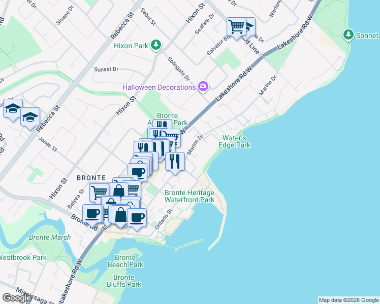 map of restaurants, bars, coffee shops, grocery stores, and more near 2220 Marine Drive in Oakville