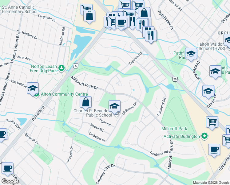 map of restaurants, bars, coffee shops, grocery stores, and more near 4360 Millcroft Park Drive in Burlington