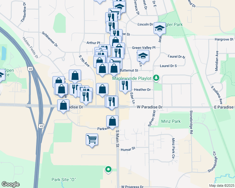 map of restaurants, bars, coffee shops, grocery stores, and more near 1801 South Main Street in West Bend