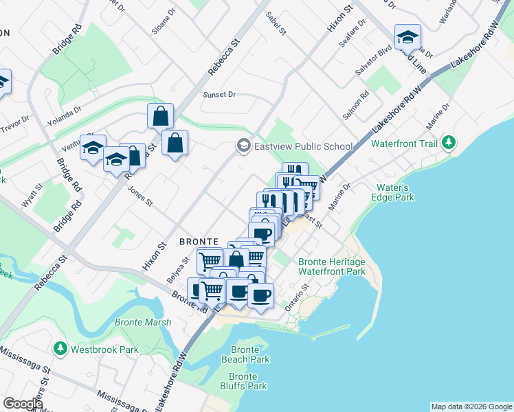 map of restaurants, bars, coffee shops, grocery stores, and more near 2309 Sovereign Street in Oakville
