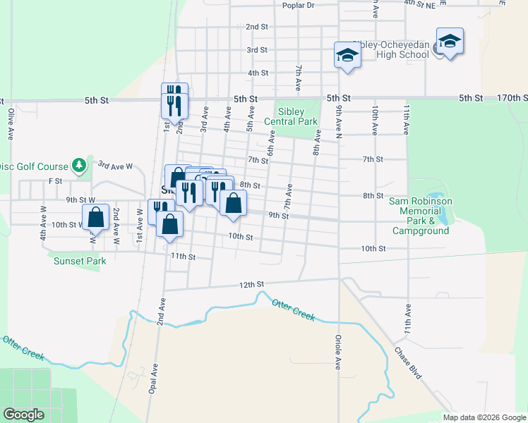 map of restaurants, bars, coffee shops, grocery stores, and more near 891 6th Avenue in Sibley