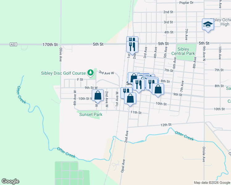 map of restaurants, bars, coffee shops, grocery stores, and more near 100-102 9th Street West in Sibley