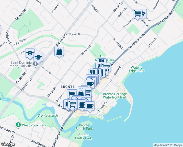 map of restaurants, bars, coffee shops, grocery stores, and more near 2304 Sovereign Street in Oakville