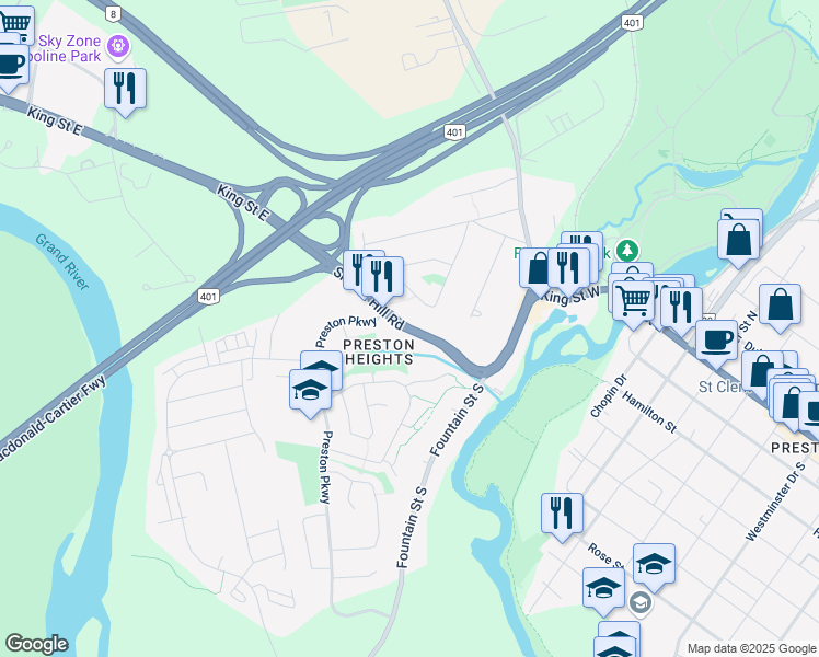 map of restaurants, bars, coffee shops, grocery stores, and more near Shantz Hill Road in Cambridge