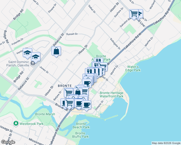 map of restaurants, bars, coffee shops, grocery stores, and more near 2280 Sovereign Street in Oakville