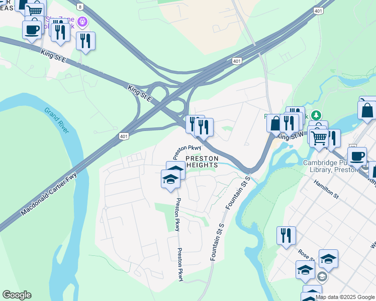 map of restaurants, bars, coffee shops, grocery stores, and more near Preston Parkway in Cambridge
