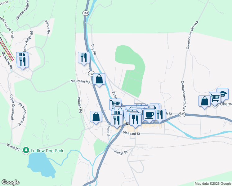map of restaurants, bars, coffee shops, grocery stores, and more near 21 Prospect Street in Ludlow
